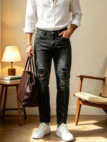 Men's Slim Fit Elastic Washed Denim Pants Suitable For Daily Use In All Seasons, Suitable For Commuting Or School - Dark Grey - View 1