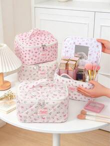1Pc Ditsy Floral Quilted Makeup Bag With Built-In Mirror Portable Handle Large Capacity Travel Cosmetic Organizer Skincare Wash Bag For Women Daily T - Multicolor - View 5