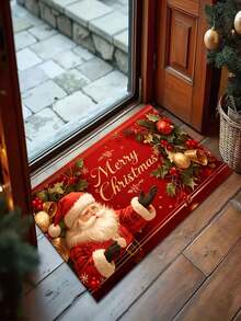 1pc Santa Claus Christmas Mat With "Merry Christmas" Text, Christmas Bathroom Decor, Rectangular Design With Holiday Decoration, Suitable For Home Decor, Machine Washable, Christmas Decoration, Holiday Decor, Indoor/Outdoor Use, Christmas Floor Mat - A - View 2