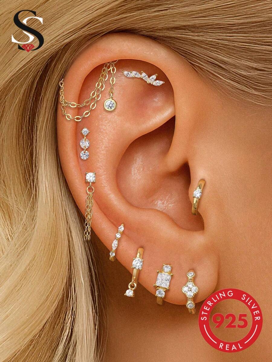 1pc Geometric Zirconia Tassel Chain 925 Sterling Silver Stud Earrings, Women's Minimalist Jewelry, Christmas Gift, Exquisite Jewelry - Multicolor - View 1