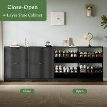 Shoe Storage Cabinet For Entryway With 4 Flip Drawers, Hidden Slim Wood Shoe Organizer With Modern Fluted Panel, Freestanding Narrow Shoe Rack For Front Door Entrance, Hallway, Foyer, Black - View 5