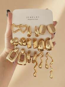 6-18pcs/Set Fashion Creative Heart, Water Drop, Asymmetric Wave, Geometric Polygon Women's Gold Earrings Set, Elegant Versatile, Suitable For Daily Wear - Yellow Gold - View 1