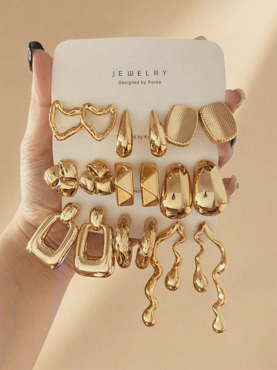6-18pcs/Set Fashion Creative Heart, Water Drop, Asymmetric Wave, Geometric Polygon Women's Gold Earrings Set, Elegant Versatile, Suitable For Daily Wear - Yellow Gold - View 1