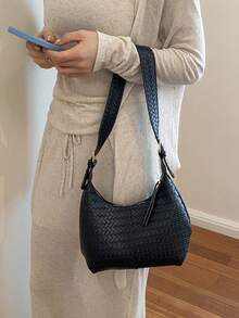 High-End Black Woven Texture Women's Tote Bag, Large Capacity, Adjustable Shoulder Strap, Shoulder, Commute, Large Size - Black - View 5