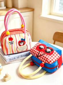 5/1pc Boxy Lunch Tote Handbag, Plush Handle With Color Bead, Bright Striped Pattern Zipper Multicolor Patchwork Bento Storage Bag For Back‑To‑School Office Picnic Travel Office Meal Carrying, Outdoor Picnic And Short Trip Travel - Multiple Colors and Styles - View 9