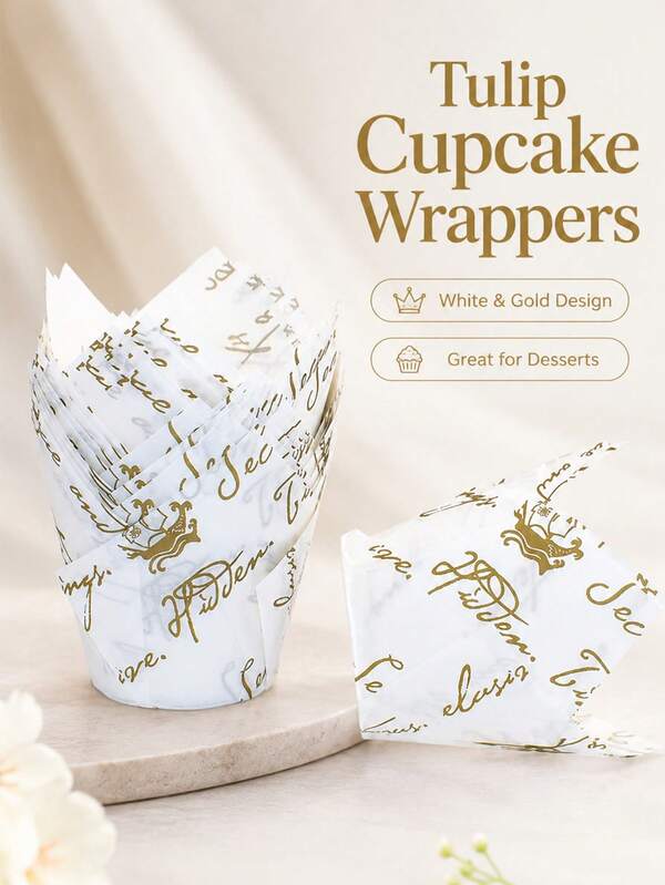 30pcs Luxury Gold Cursive Print Tulip-Shaped Cupcake Liners, Elegant White & Gold Color Scheme Dessert Baking Cups, Multi-Purpose Decorative Supplies, Suitable For Muffin Making, Party Dessert Display, Bakery Decoration And Holiday Banquet Arrangement