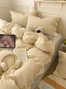 Cream Yellow Fine Striped Washed Jacquard Button Style 4-Piece Bedding Set, Contrast Yellow Button Decor, Breathable Soft All-Season Bedding Set Including 1 Duvet Cover, 1 Bed Sheet, 2 Pillowcases, No Filling, Suitable For Dorm, Bedroom, Home Use, Multiple Size Options - Champagne - View 9