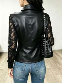 Vintage Women's New Elegant Motorcycle Jacket, Lace Patchwork + Front Button Placket Design, Fashionable Commuter Versatile, Beautiful Women's Jacket - Black - View 3