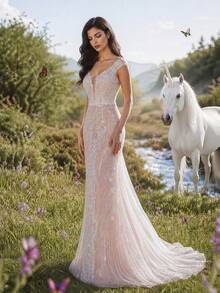 HEARBOBO Elegant Bohemian Deep V-Neck Cap Sleeve Backless Long Wedding Dress, Exquisite Embroidery Sequin Decor, Vintage Romantic Bridal Gown Fall - Apricot - View 4