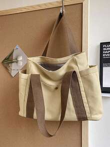 1pc Solid Color Versatile Tote Bag, Square Shape With Side Double Pockets, Contrast Color, Large Capacity Multi-Compartment Khaki Thickened Canvas Bag, Commute Storage Handbag Shoulder Bag, Student Work Shopping Canvas Bag - Multicolor - View 2