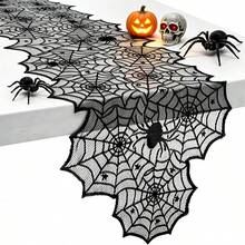 1pc Halloween Asymmetrical Spider Web Table Runner, Hollow Lace Black Vintage, Suitable For Party Atmosphere Decoration And Home Decor, Party Dining Table Decoration, Kitchen, Fireplace Mantel, Bedroom Decoration Table Runner - Spider Web Table Runner - View 9