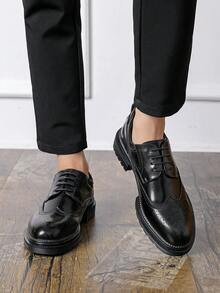Men's New Round Toe Breathable British Style Thick Sole Height Increasing Lace-Up Casual Daily Work Business Leather Shoes - Black - View 2