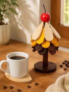 Wooden Christmas Tree Coaster Set With Yellow Star Topper, Heat-Resistant Leaf-Shaped Drink Coasters With Base, Mini Christmas Tree Desktop Decor, 2-In-1 Home & Office Desk Ornament, Unique Christmas Housewarming Gift - View 5