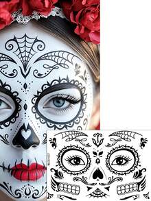 12 Sheets Halloween Sugar Skull Face Temporary Stickers, Day Of The Dead Floral Skull Full Face Stickers, Cosplay Festival Party Face Decorations - Black - View 7