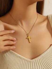 1pc Minimalist Fashionable Gold Cross Pendant Necklace, Stainless Steel Material, Unisex Casual Street Style - Gold - View 1