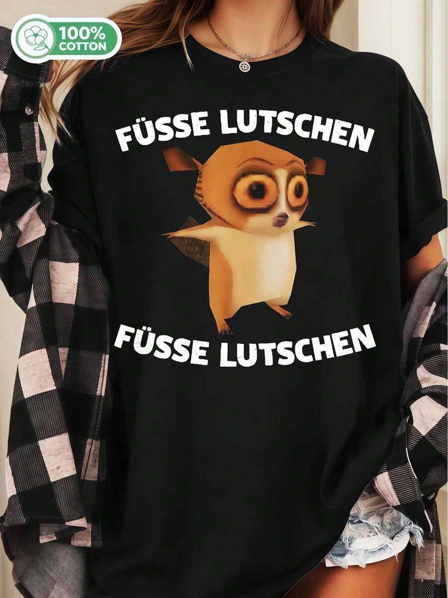 Funny Lemur Licking Its Paws Cotton T-Shirt - German Meme Animal Humor Tee.Jpg - 黑色 - 查看 1