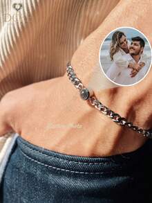 Gelang Proyeksi Cuban Link 7MM Kustom, Gelang Foto Tebal Stainless Steel, Hadiah Perhiasan Personalisasi untuk Pria dan Wanita, Hadiah Hari Ayah, Hadiah Ulang Tahun Pernikahan, Kenangan yang Dapat Dipakai - Perak 2 - View 3