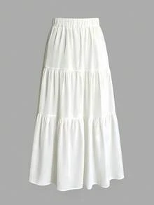 falda maxi tierada elegante de color sólido, cintura elástica, tejido ligero para uso casual mujer - Blanco - Ver 1