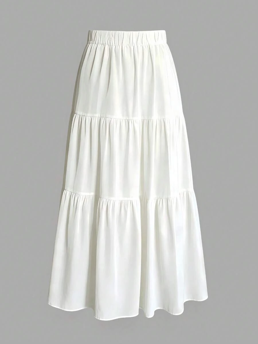 falda maxi tierada elegante de color sólido, cintura elástica, tejido ligero para uso casual mujer - Blanco - Ver 1
