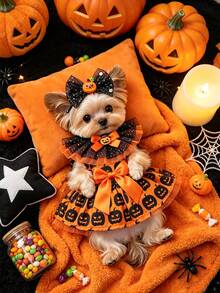 Halloween Pumpkin Print Dog Dress, Matching Bow And Ruffled Collar Set, Cute Orange And Black Halloween Costume, Lantern Pattern, Party Pumpkin Dress, Glittery Pumpkin Bow Hair Clip And Glittery Mesh Ruffled Collar - Multicolor - View 1