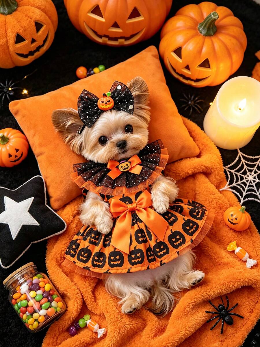 Halloween Pumpkin Print Dog Dress, Matching Bow And Ruffled Collar Set, Cute Orange And Black Halloween Costume, Lantern Pattern, Party Pumpkin Dress, Glittery Pumpkin Bow Hair Clip And Glittery Mesh Ruffled Collar - Multicolor - View 1