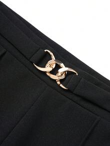 Women's Pure Black High Waist Flare Suit Pants, Gold Metal Interlocking Buckle Decor, Front Seam Slim Fit Flare Pants - Black - View 6