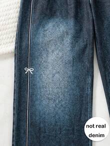 Girls' Casual Fashion Bow Print Elastic Waist Straight Leg Pants, Versatile For Daily Wear And Outings, Spring/Autumn - Dark Wash - View 8