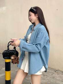 Korean Style Lazy Colorful Button Denim Shacket Women Early Autumn Niche Elegant Lapel Long Sleeve Top - Blue - View 7