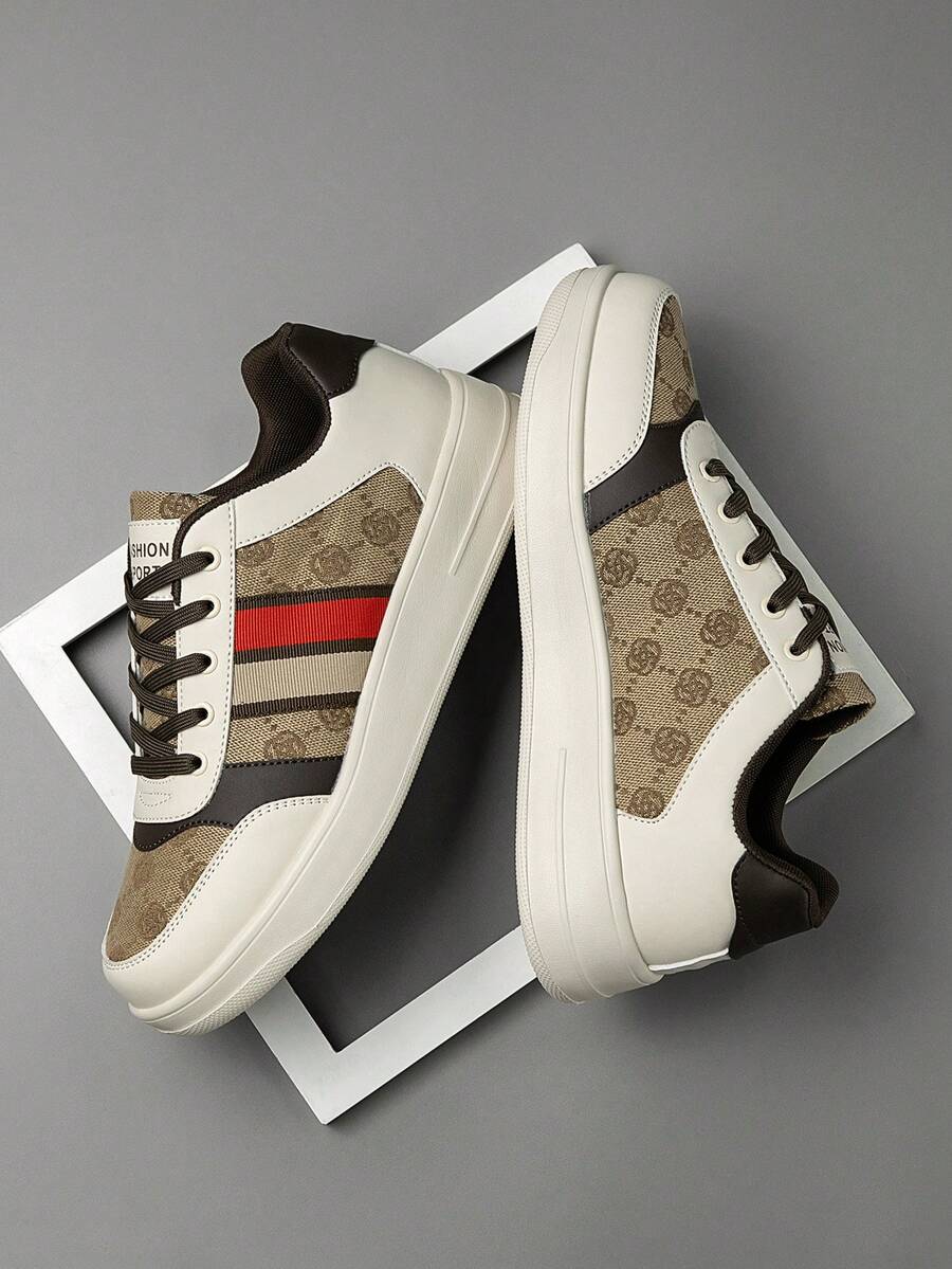 Men's New Fashion Colorblock Striped Random Print Front Lace-Up Skateboard Shoes, Simple Comfortable Outdoor Sports All-Season Versatile Casual Sneakers