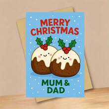 1 Greeting Card + 1 Envelope Adorable Christmas Greeting Card, Cute Pudding Couple Design Merry Christmas, Perfect For Parents, Festive Holiday Cartoon Style Card. - Single Piece - View 7