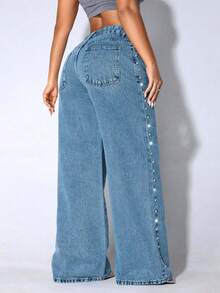 Low Waist Wide Leg Casual Blue Ripped Slanted Pocket Curved Women'S Jeans Fall - Blue - View 2