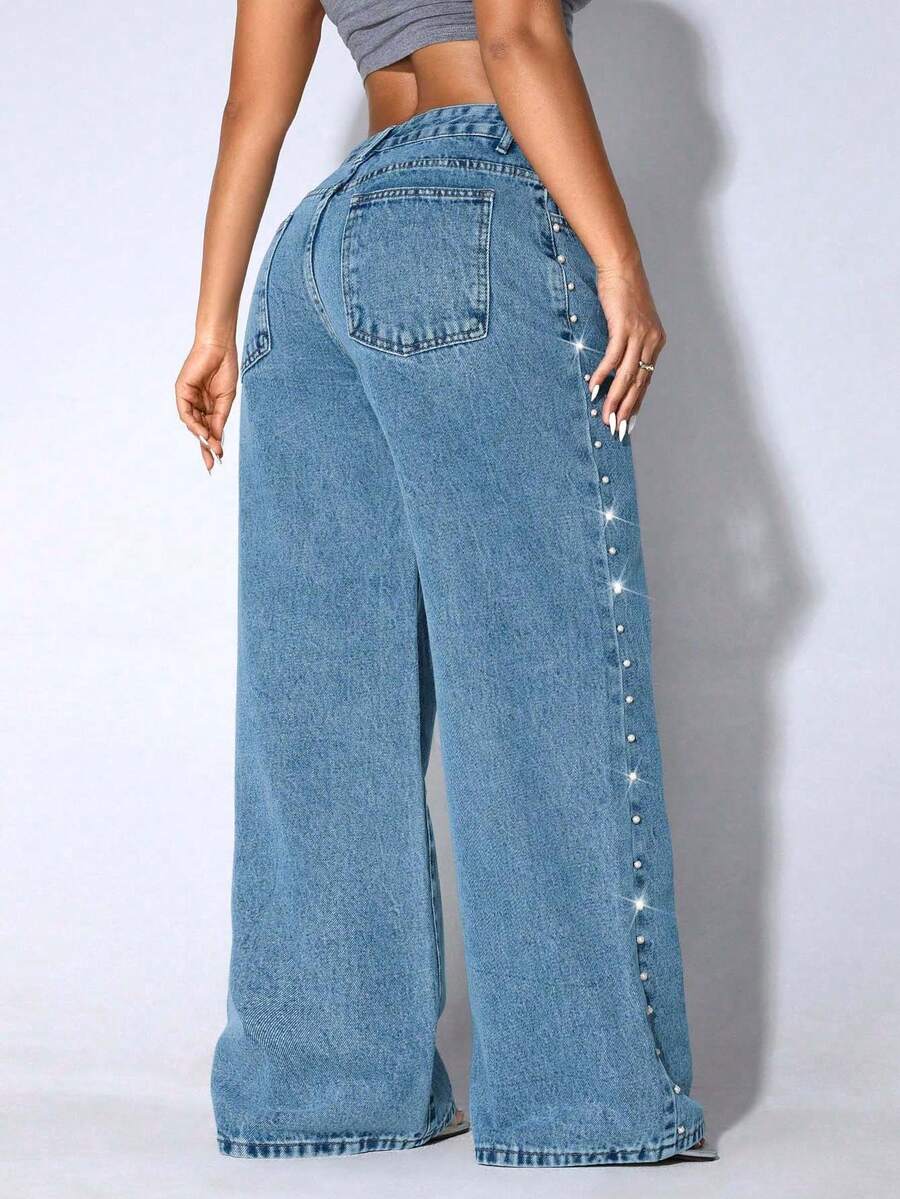 Low Waist Wide Leg Casual Blue Ripped Slanted Pocket Curved Women'S Jeans Fall - Blue - View 1