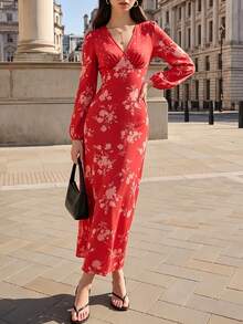 Fall Women Floral Midi Dress, V‑Neck Long Puff Sleeve Flowy A‑Line Printed Long Dress - Red - View 8