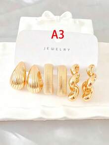 3/9 Pairs Vintage Gold-Tone Metallic Earrings Set, Water Drop, Flower, Twisted, Striped, Geometric Hoop Earrings, Versatile For Commuting - Gold - View 2