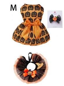 Halloween Pumpkin Print Dog Dress, Matching Bow And Ruffled Collar Set, Cute Orange And Black Halloween Costume, Lantern Pattern, Party Pumpkin Dress, Glittery Pumpkin Bow Hair Clip And Glittery Mesh Ruffled Collar - Multicolor - View 14