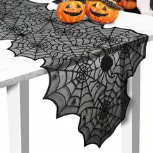 1pc Halloween Asymmetrical Spider Web Table Runner, Hollow Lace Black Vintage, Suitable For Party Atmosphere Decoration And Home Decor, Party Dining Table Decoration, Kitchen, Fireplace Mantel, Bedroom Decoration Table Runner - Spider Web Table Runner - View 8