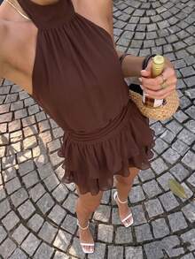 Elegant Fashion Brown Halter Neck Backless Layered Ruffle Mini Dress - Wedding - Brown - View 3