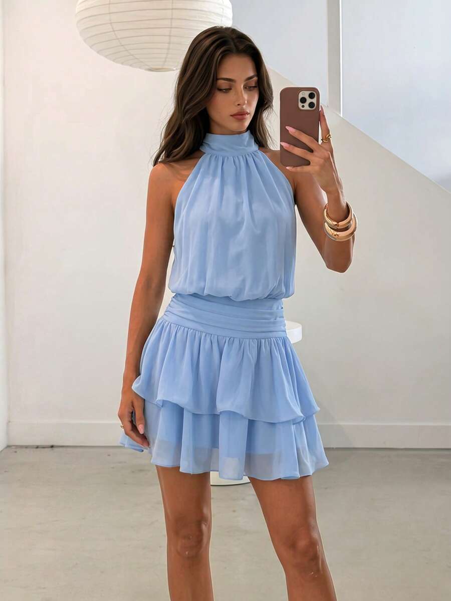Elegant Fashionable Blue Halter Neck Backless Layered Ruffle Mini Dress - Wedding Party Fall - Baby Blue - View 1