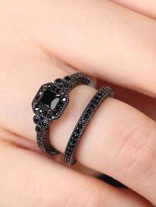 1 Set Of 2 Fashionable Rings With Artificial Cubic Zirconia Inlay, Unique And Personal Black Tone Wedding Proposal, Engagement, And Wedding Rings Presents For Friends - Black - View 5