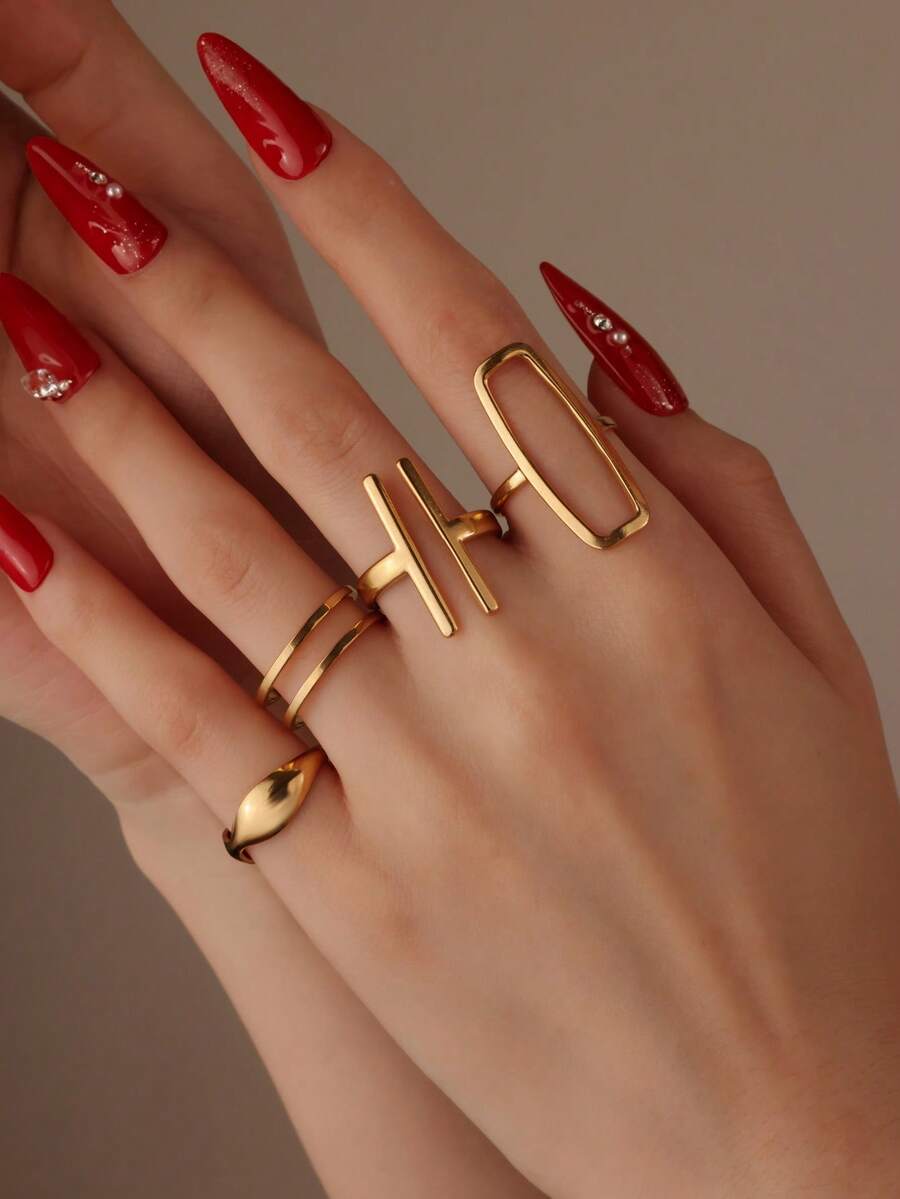 GEREIT 4pcs Summer Fashion Minimalist 18k Gold Plated Stainless Steel Hollow Square Open Ring Set, Suitable For Women's Daily Wear And Dating - Gold - View 1