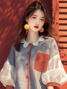 Women Color Block Blouse Scalloped Collar Puff Sleeve Vintage Mori Girl Style Casual Loose Fit Button Up Top Linen Look Retro Cute Shirts - Multicolor - View 4