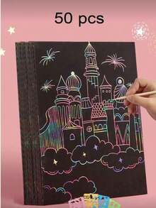 10/50pcs Rainbow Scratch Art Paper Set, Black Colorful Scratch Art Book, Comes With Pattern Templates, Scratch To Reveal Colorful Patterns, Easy To Operate And Fun To Create, Suitable For Drawing Animals, Flowers, Starry Sky, City And More, Smooth Paper Surface And Easy To Scratch, Can Be Used For Leisure Creation, Hand-Drawn Decoration, Desktop Time-Killing, Creative Pattern Practice, Recommended For Back To School Season, School Opening Season, Christmas Gift, Halloween Gift, Thanksgiving Gift - Multicolor - View 10