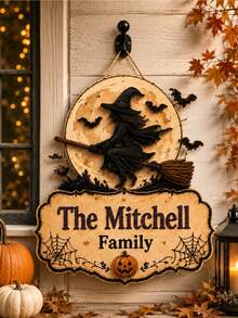 Custom Halloween Witch Door Sign, Spooky Personalized Wooden Hanging Plaque, Rustic Wall Decor For Front Door, Porch, Entryway, Customized Family Name Sign, Customizable Name Holiday Party Accent, Fall Gift, Home Decor, Living Room Decor, New Home - Style B - View 6