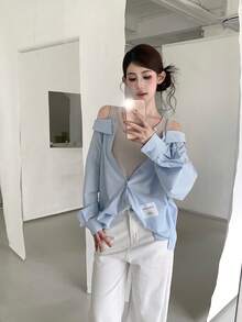 Blus Longgar Lengan Panjang Berlapis Model 2 In 1 Desain Niche Colorblock Bahu Terbuka untuk Gadis Seksi Musim Semi - Biru muda - View 8