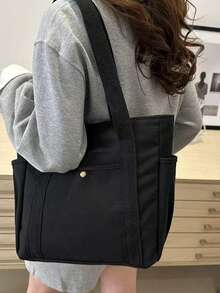 1pc Solid Color Versatile Tote Bag, Square Shape With Side Double Pockets, Contrast Color, Large Capacity Multi-Compartment Khaki Thickened Canvas Bag, Commute Storage Handbag Shoulder Bag, Student Work Shopping Canvas Bag - Multicolor - View 6