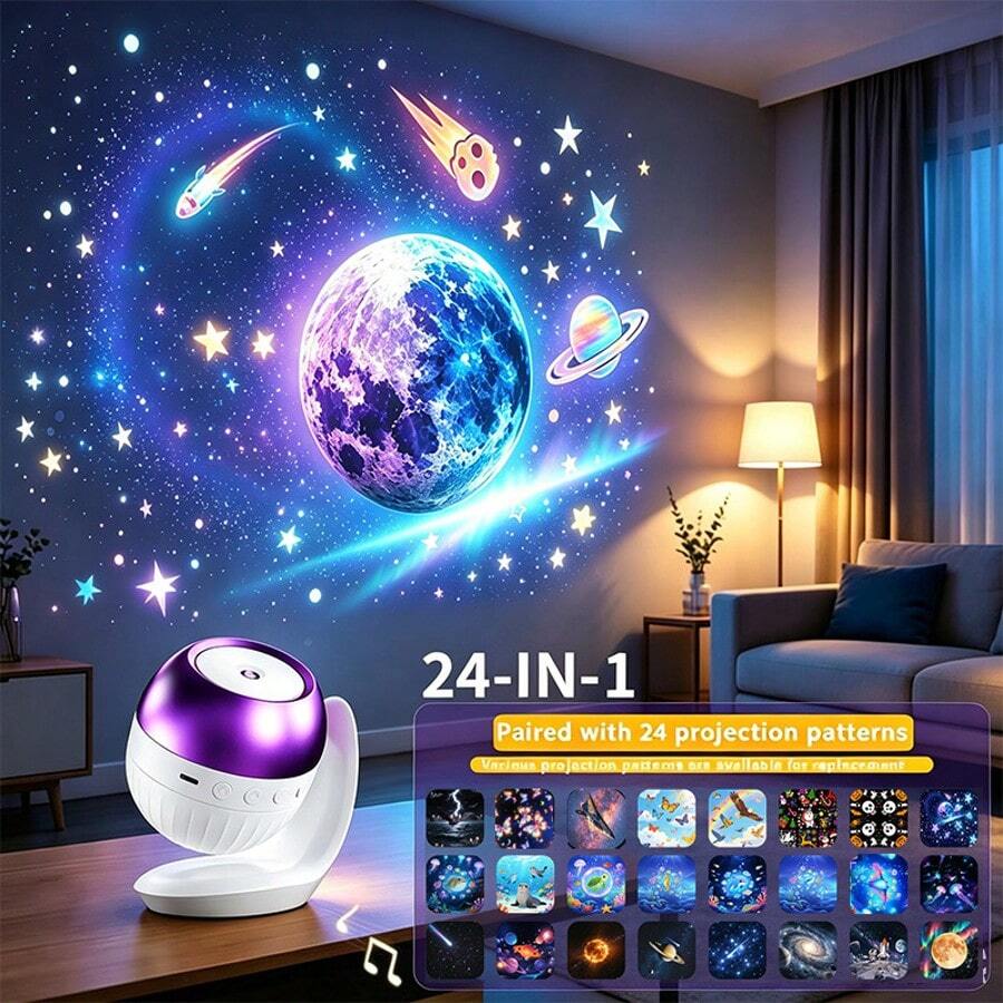 24-In-1 HD Starry Sky & Ocean Projection Light, 24 Projection Slides, 7 Natural White Noise, 180° Rotatable, Timer Function, Bedroom Home Decor Starry Sky Projection Lamp