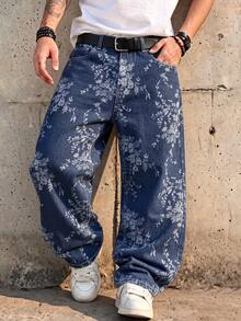 Men's Dark Blue All-Over Floral Jacquard Loose Wide Leg Jeans, Y2K Street Style Oversized Casual Long Pants - Blue - View 4