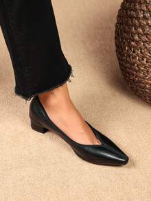 Women's V-Cut Pointed Toe Low Heel Pumps, Contrast Trim, Vintage Soft Leather Design, Elegant Office Formal High Heels - Black - View 9