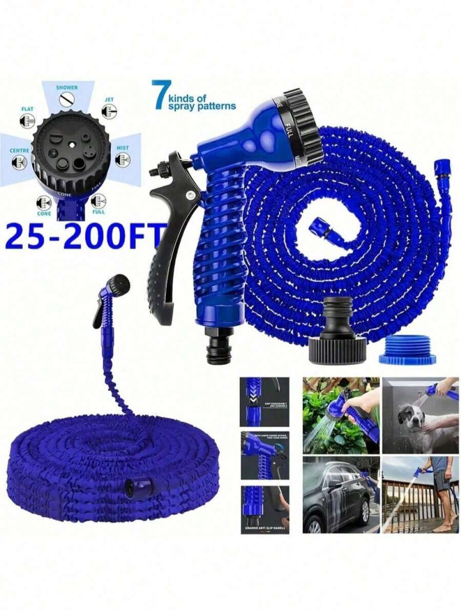 Expandable Garden Hose, Automatically Extends With Water And Shrinks For Easy Storage. Braided Outer Layer For Wear‑Resistance & Leak‑Proof. Multi‑Function Spray Nozzle With Adjustable Water Modes, Ideal For Watering, Car Washing & Cleaning.