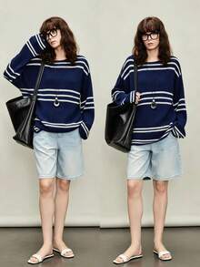 1pc Premium Striped Colorblock Loose Fit Long Sleeve Crew Neck Slimming Relaxed Versatile Knit Sweater Fall - Multicolor - View 7